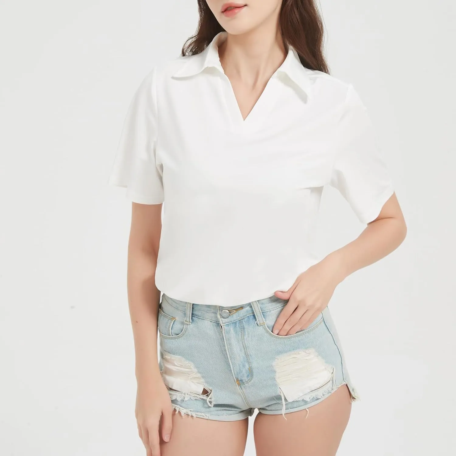 Women's Polo Shirts V Neck Short Sleeve Casual Slim Fit Summer Tee Blouses, Quick Dry Golf Shirt for Women