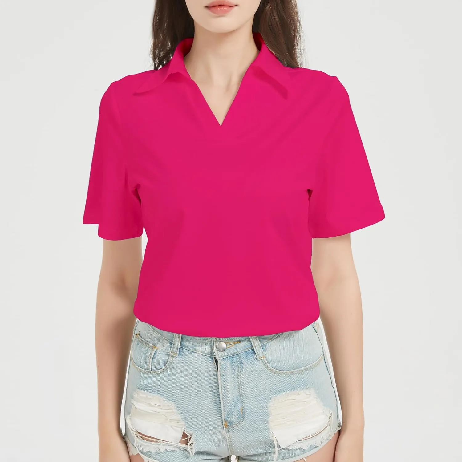 Women's Polo Shirts V Neck Short Sleeve Casual Slim Fit Summer Tee Blouses, Quick Dry Golf Shirt for Women