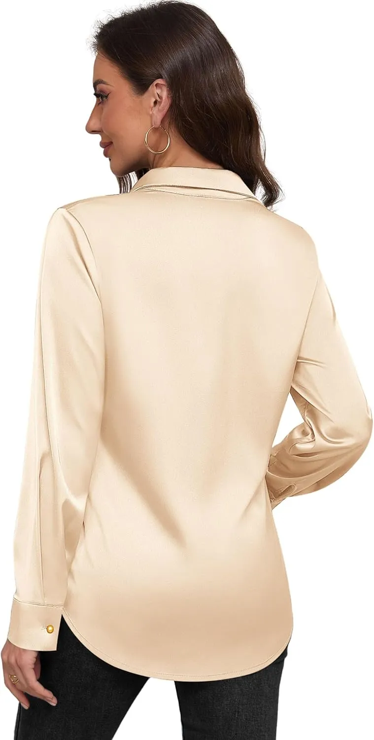 Women's Satin Button Down Shirts V-Neck Long Sleeve Tops Summer Business Office Silk Blouses Fashion Spring Shirt 2025