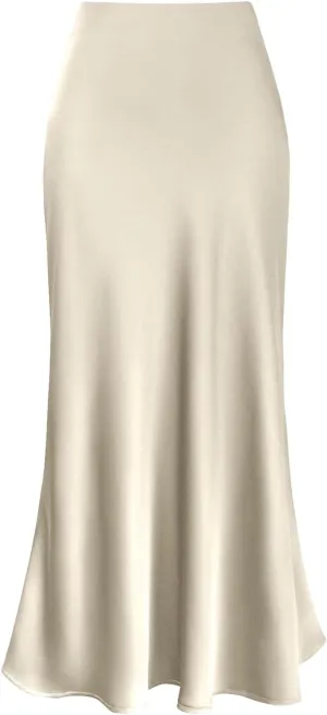 Women's Satin Maxi Skirt Solid Color Fishtail Skirt High Waist Long Skirt Elegant Spring Summer Pleated Skirt