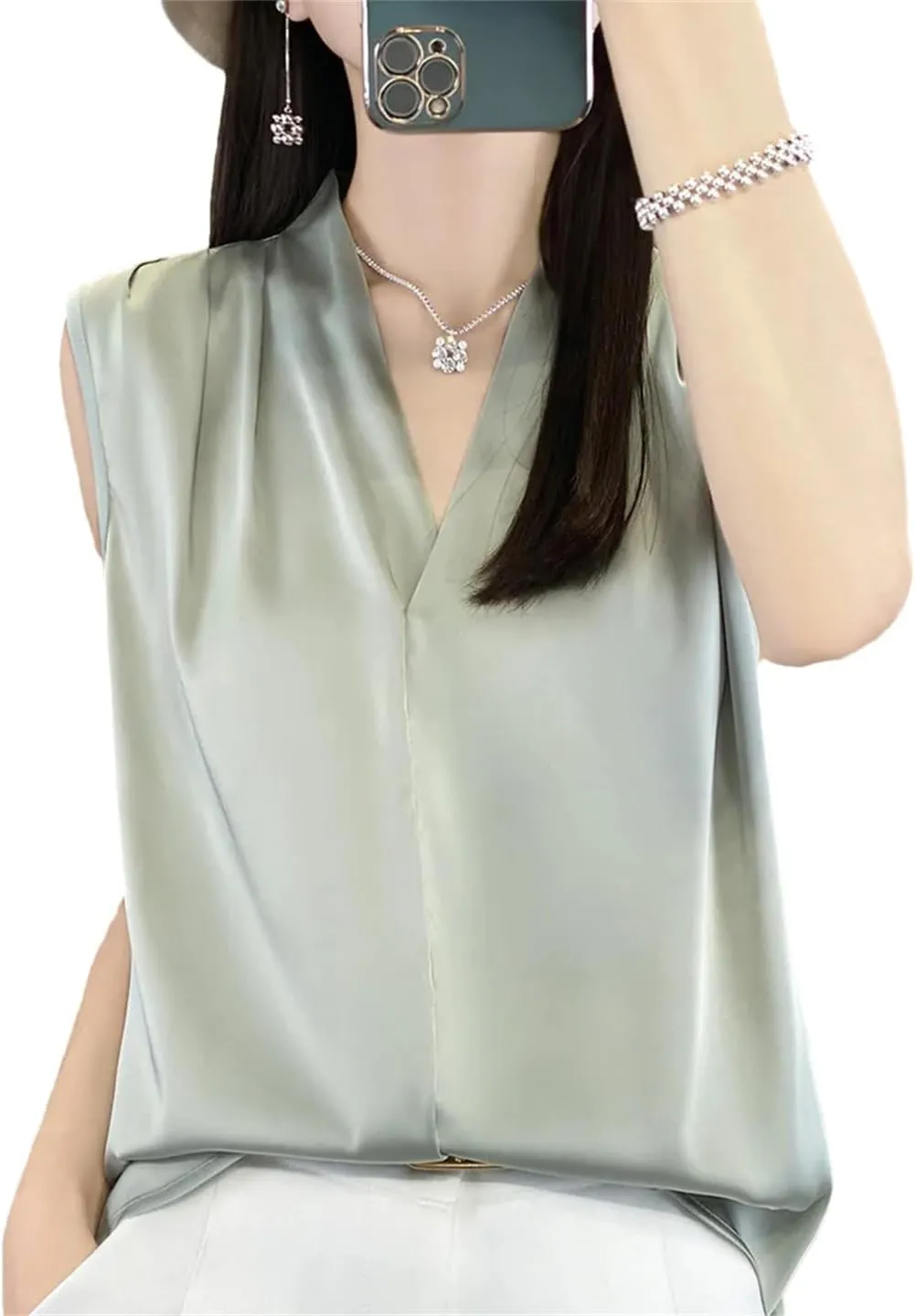 Women's Satin V-Neck Camisole Summer Loose Solid Color Sleeveless Pullover Vest Top