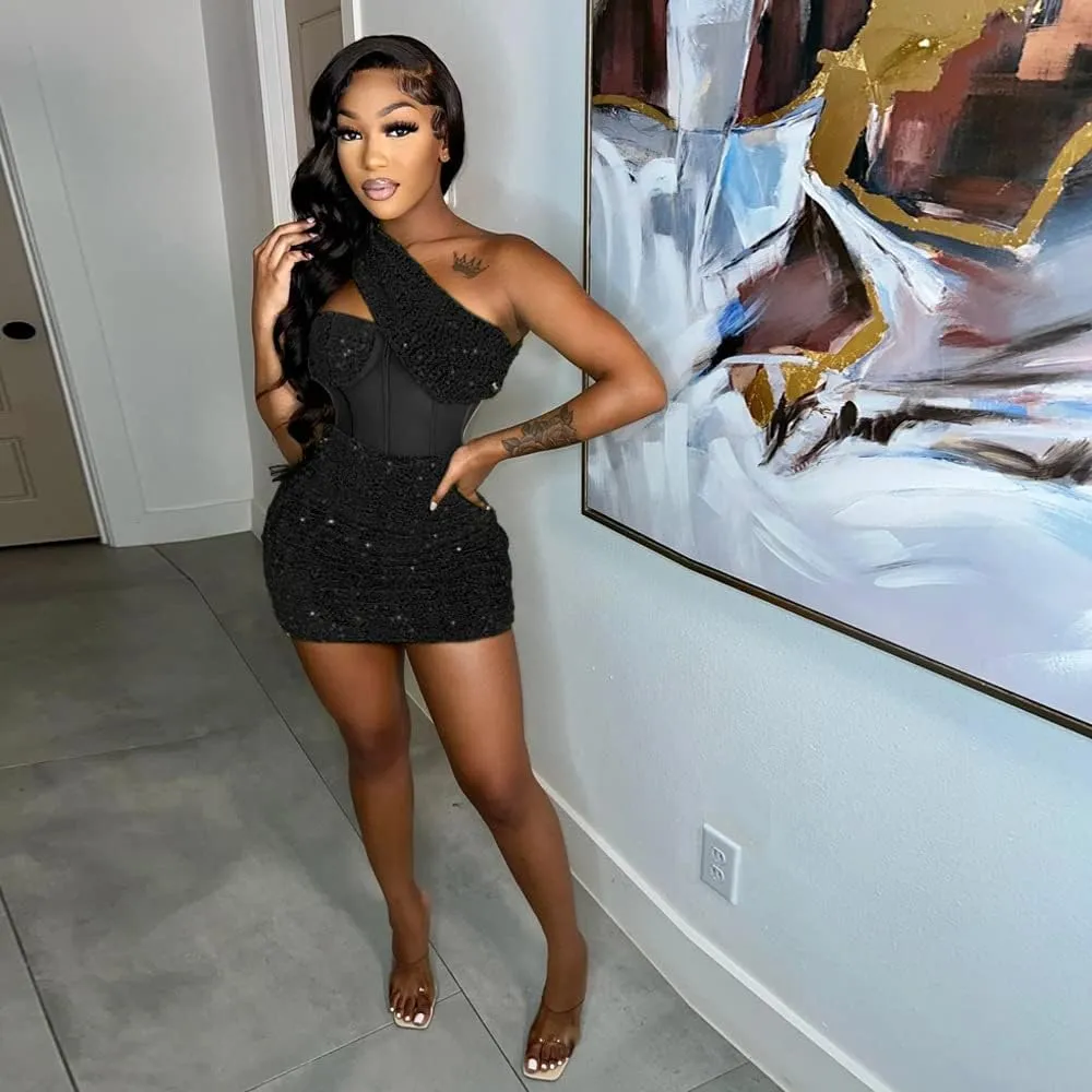 Women's Sexy Elegant Bodycon Dress Party Club Night Outfit Hot Drilling Mini Dress Clubwear