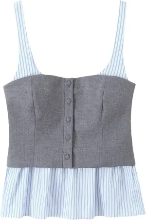 Women's Sexy Short Tops Sweet Slim Square Neck Stitching Sleeveless Striped Camisole Vest