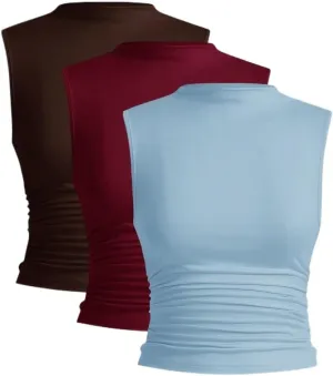 Womens Sleeveless Camisole Tank Tops Blouse Solid Color Crew Neck Ruffle Trim Sleeveless Tank Tops
