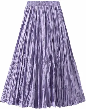 Women's Spring Summer Pleated Skirt Elastic High Waist Midi Skirt Casual Swing Flowy Boho A-Line Skirts Dress One Size
