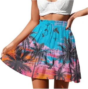 Womens Summer 2024 Tulle Long Skirts Irregular Hem High Waist Skirt Pleated Printed Mesh Midi Skirts for Ladies