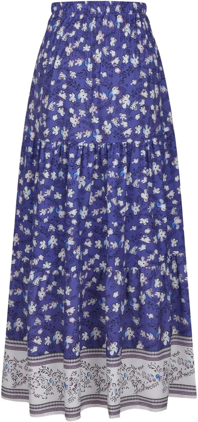 Womens Summer Boho Long Skirts Midi Ankle Length High Waist Floral Print A Line Pleated Bohemian Hippie Skirt