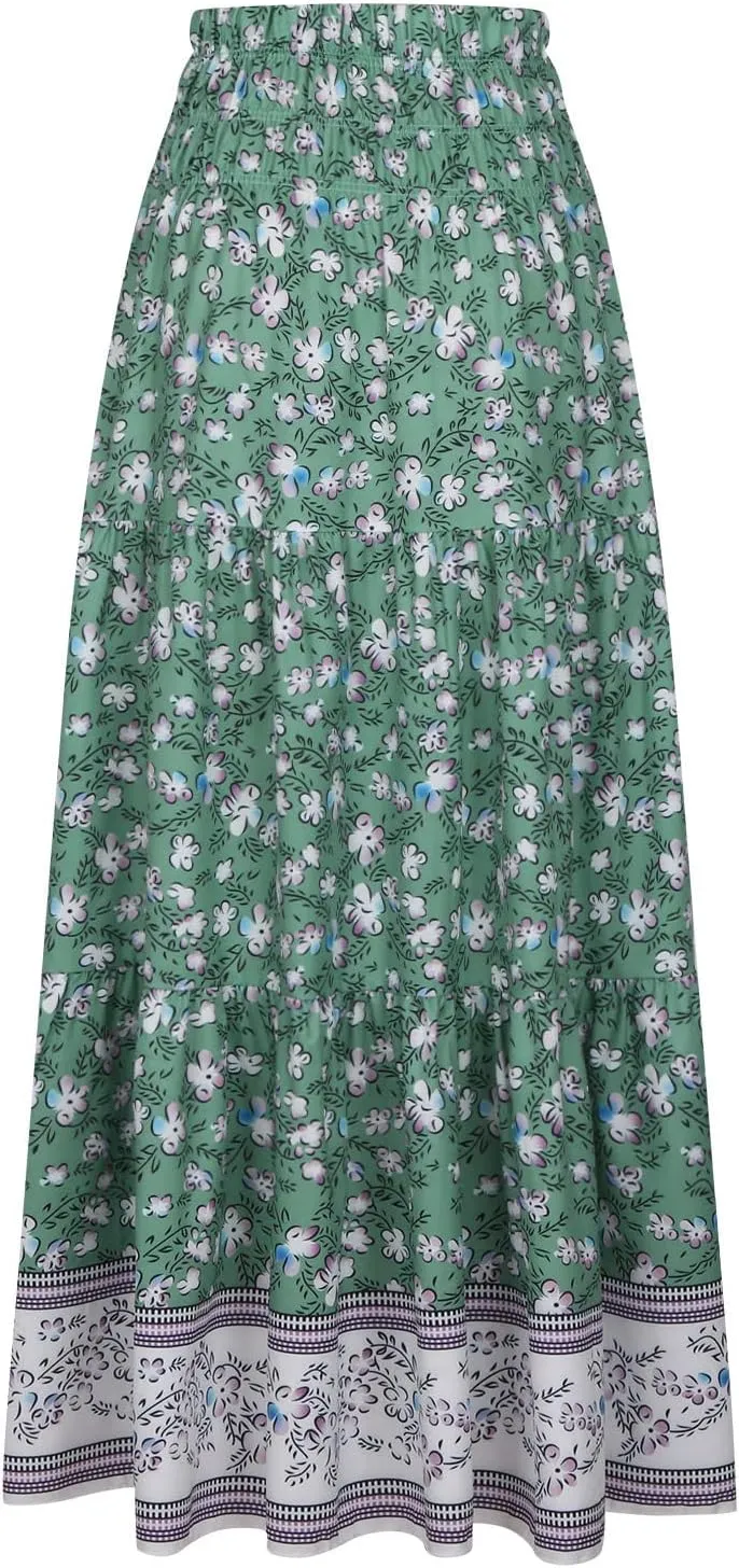 Womens Summer Boho Long Skirts Midi Ankle Length High Waist Floral Print A Line Pleated Bohemian Hippie Skirt