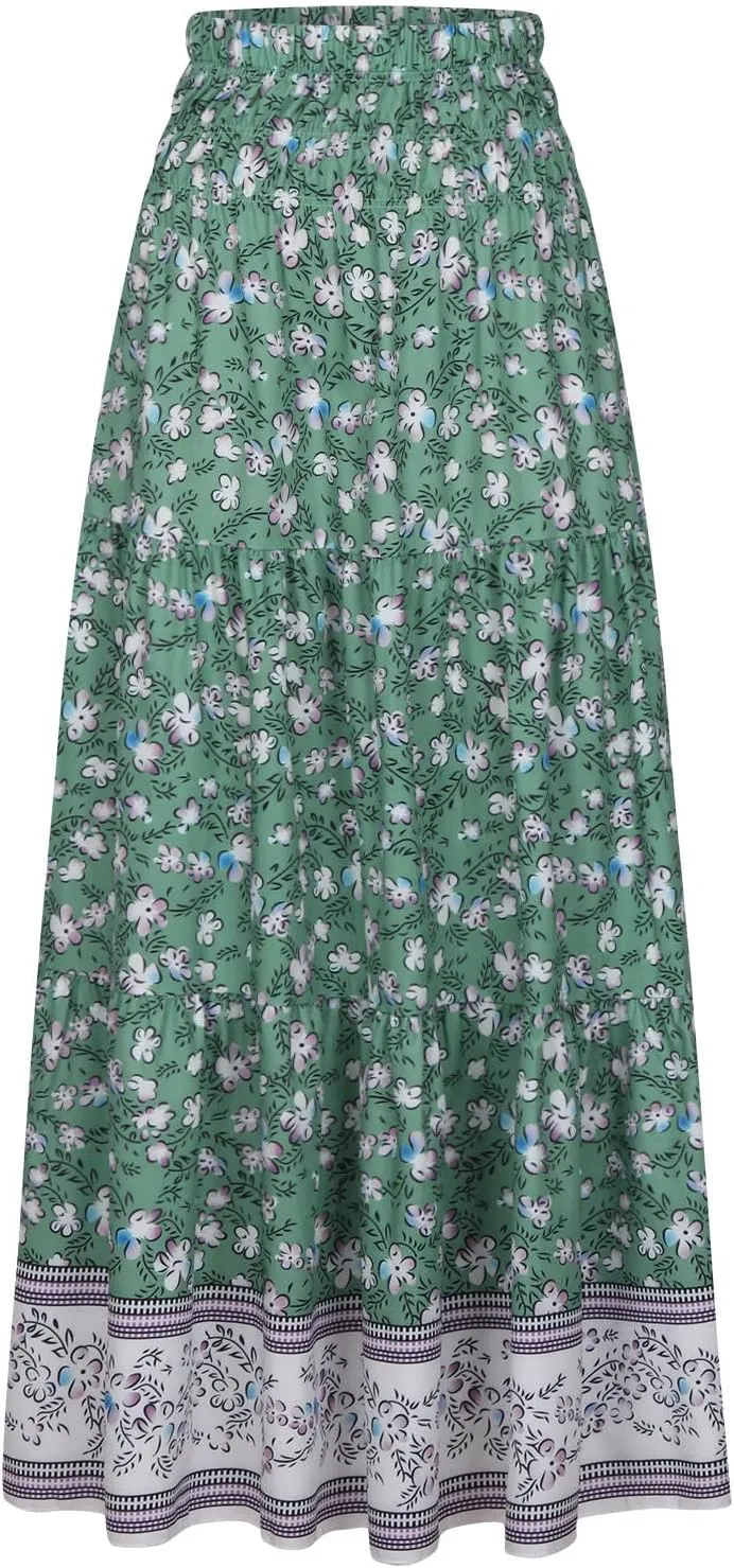 Womens Summer Boho Long Skirts Midi Ankle Length High Waist Floral Print A Line Pleated Bohemian Hippie Skirt