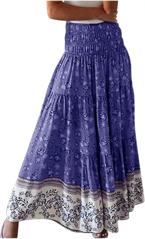 Womens Summer Boho Long Skirts Midi Ankle Length High Waist Floral Print A Line Pleated Bohemian Hippie Skirt