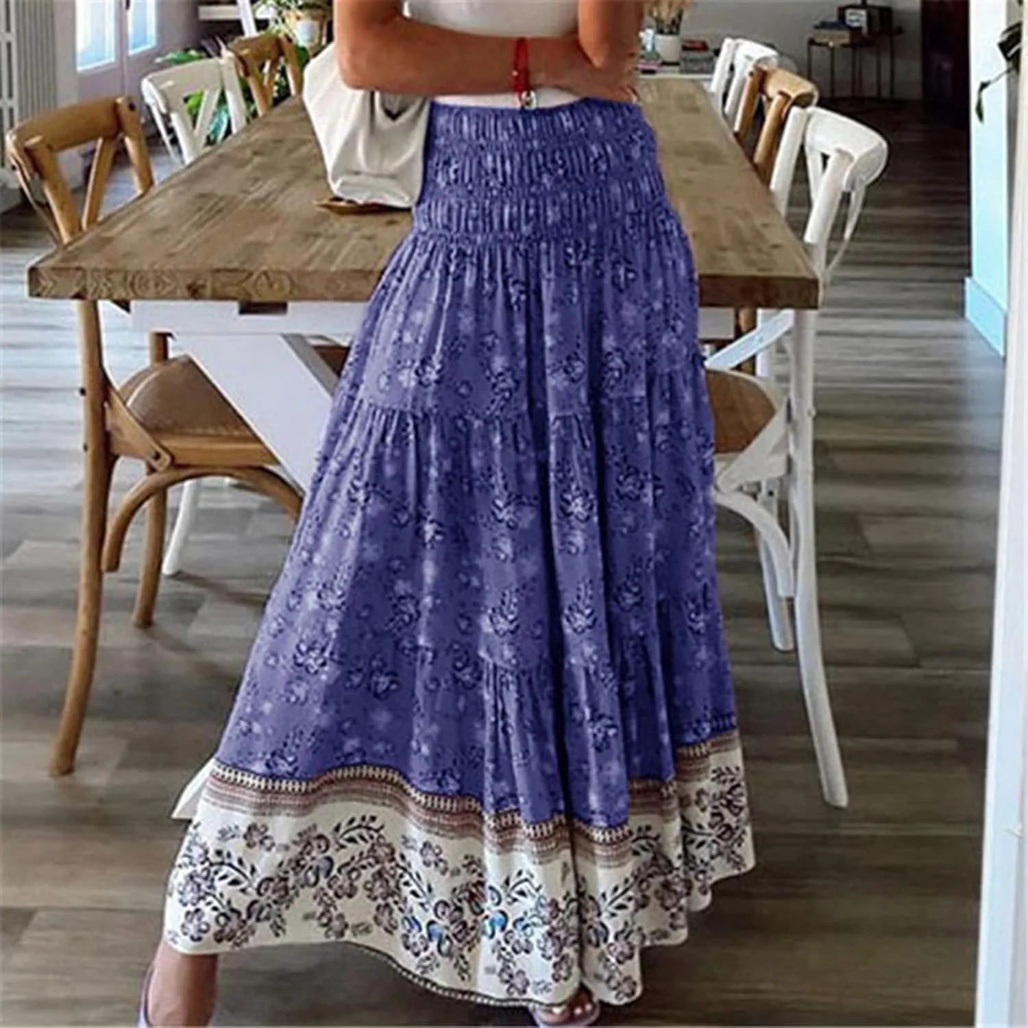 Womens Summer Boho Long Skirts Midi Ankle Length High Waist Floral Print A Line Pleated Bohemian Hippie Skirt