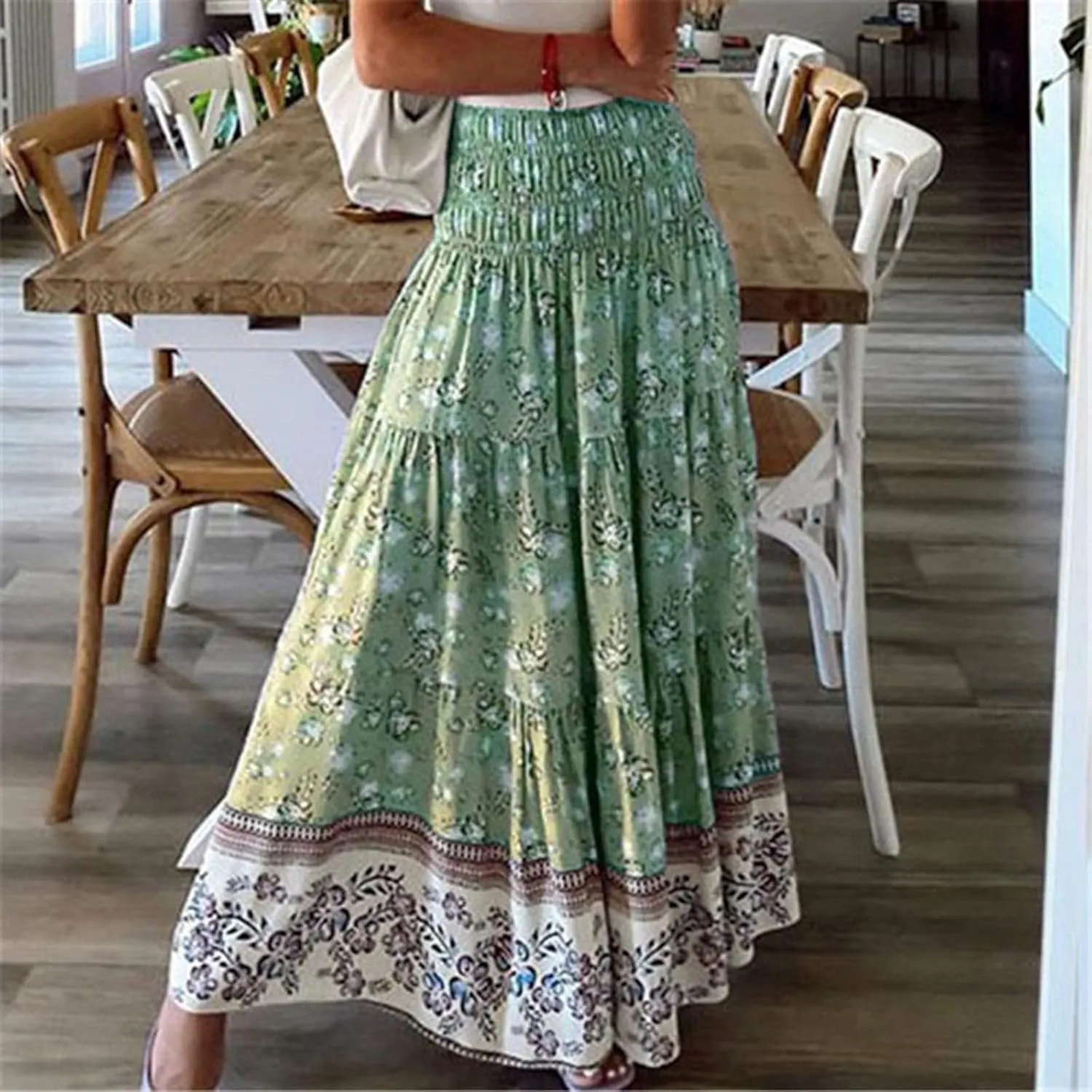 Womens Summer Boho Long Skirts Midi Ankle Length High Waist Floral Print A Line Pleated Bohemian Hippie Skirt