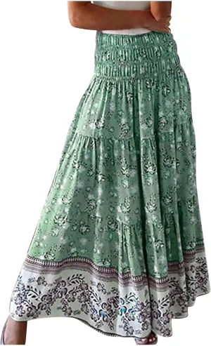Womens Summer Boho Long Skirts Midi Ankle Length High Waist Floral Print A Line Pleated Bohemian Hippie Skirt