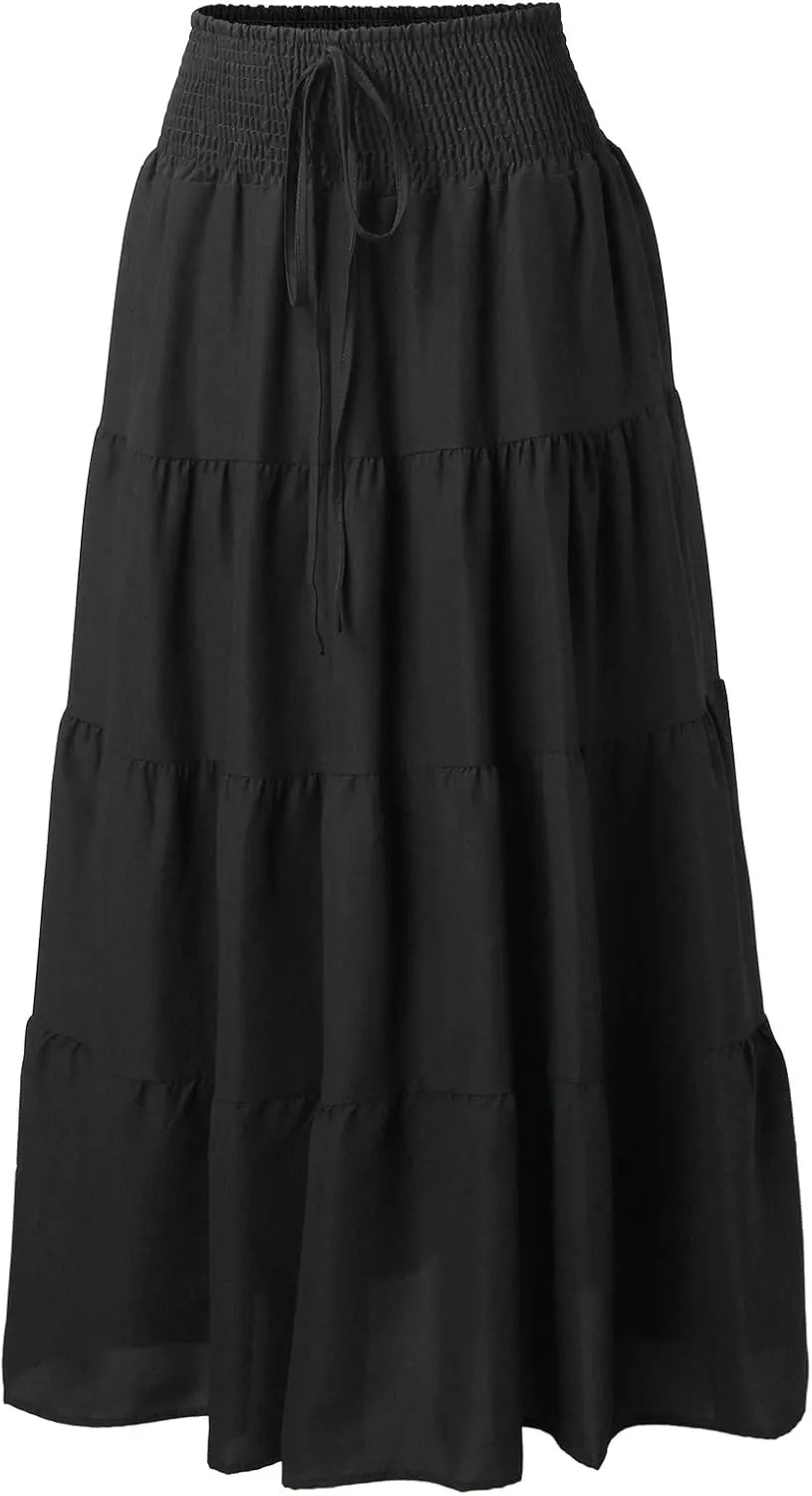 Women's Summer Boho Skirts Elastic High Waisted Pleated A Line Flowy Maxi Skirt Casual Beach Party Long Dress