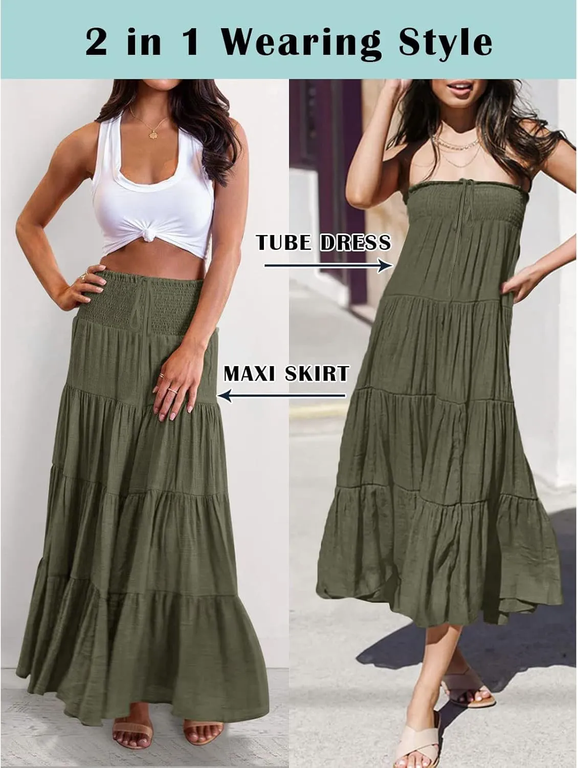 Women's Summer Boho Skirts Elastic High Waisted Pleated A Line Flowy Maxi Skirt Casual Beach Party Long Dress