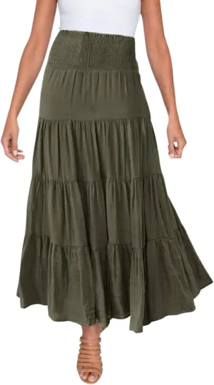 Women's Summer Boho Skirts Elastic High Waisted Pleated A Line Flowy Maxi Skirt Casual Beach Party Long Dress