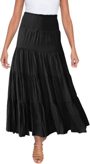 Women's Summer Boho Skirts Elastic High Waisted Pleated A Line Flowy Maxi Skirt Casual Beach Party Long Dress