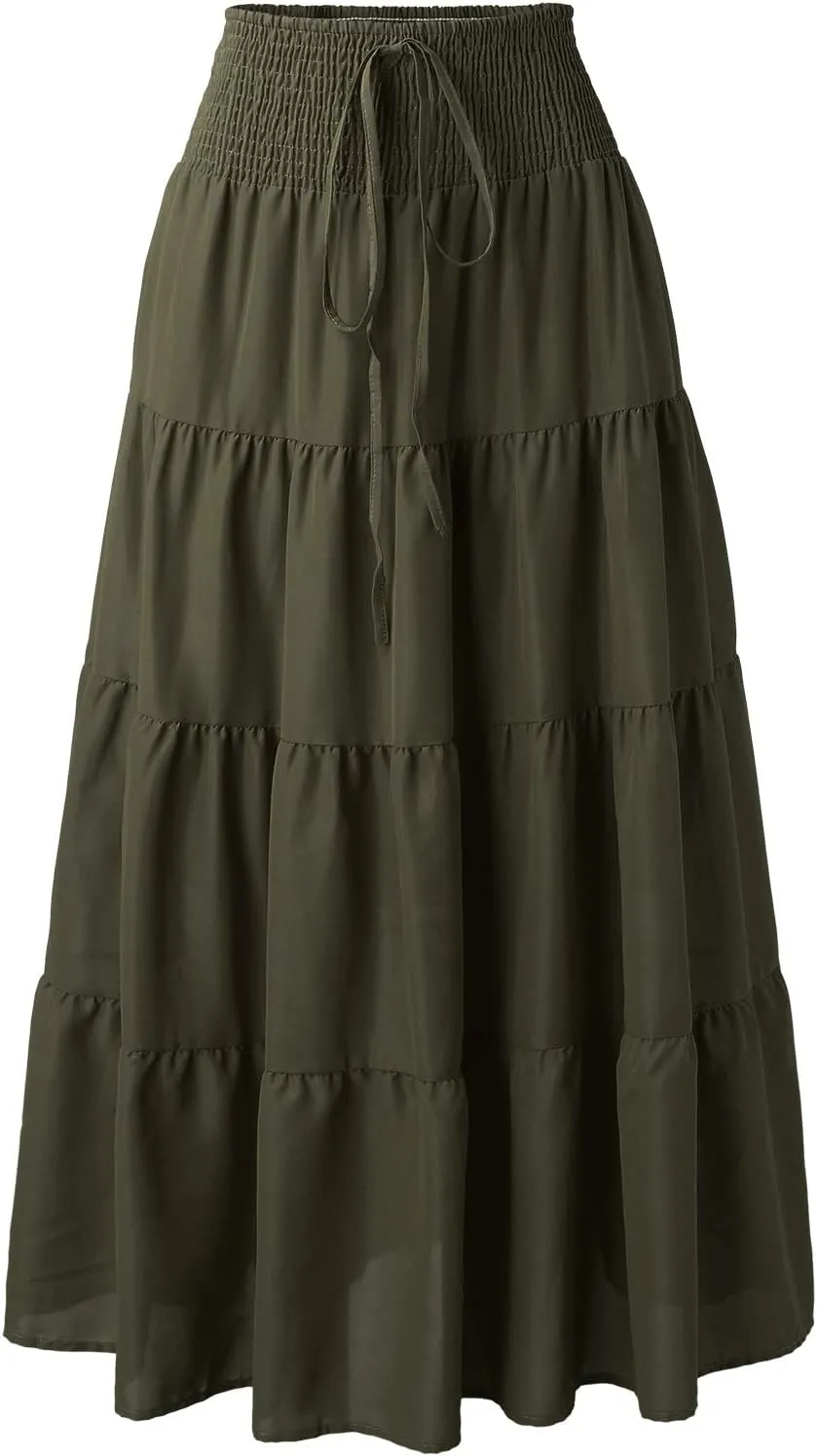 Women's Summer Boho Skirts Elastic High Waisted Pleated A Line Flowy Maxi Skirt Casual Beach Party Long Dress