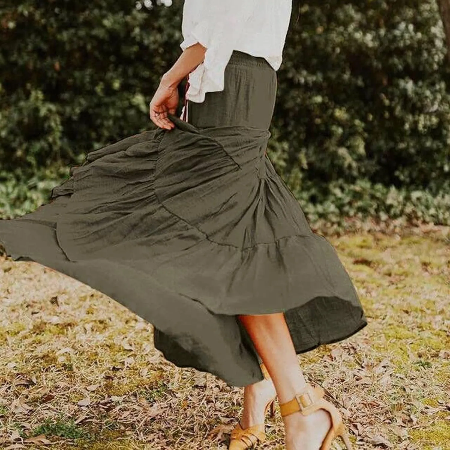 Women's Summer Boho Skirts Elastic High Waisted Pleated A Line Flowy Maxi Skirt Casual Beach Party Long Dress