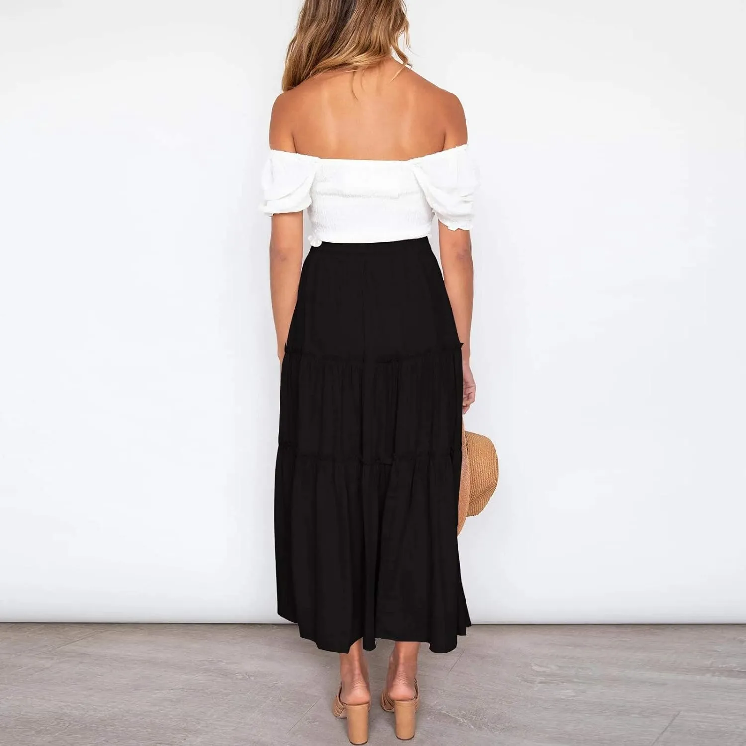 Women's Summer Boho Skirts Elastic High Waisted Pleated A Line Flowy Maxi Skirt Casual Beach Party Long Dress