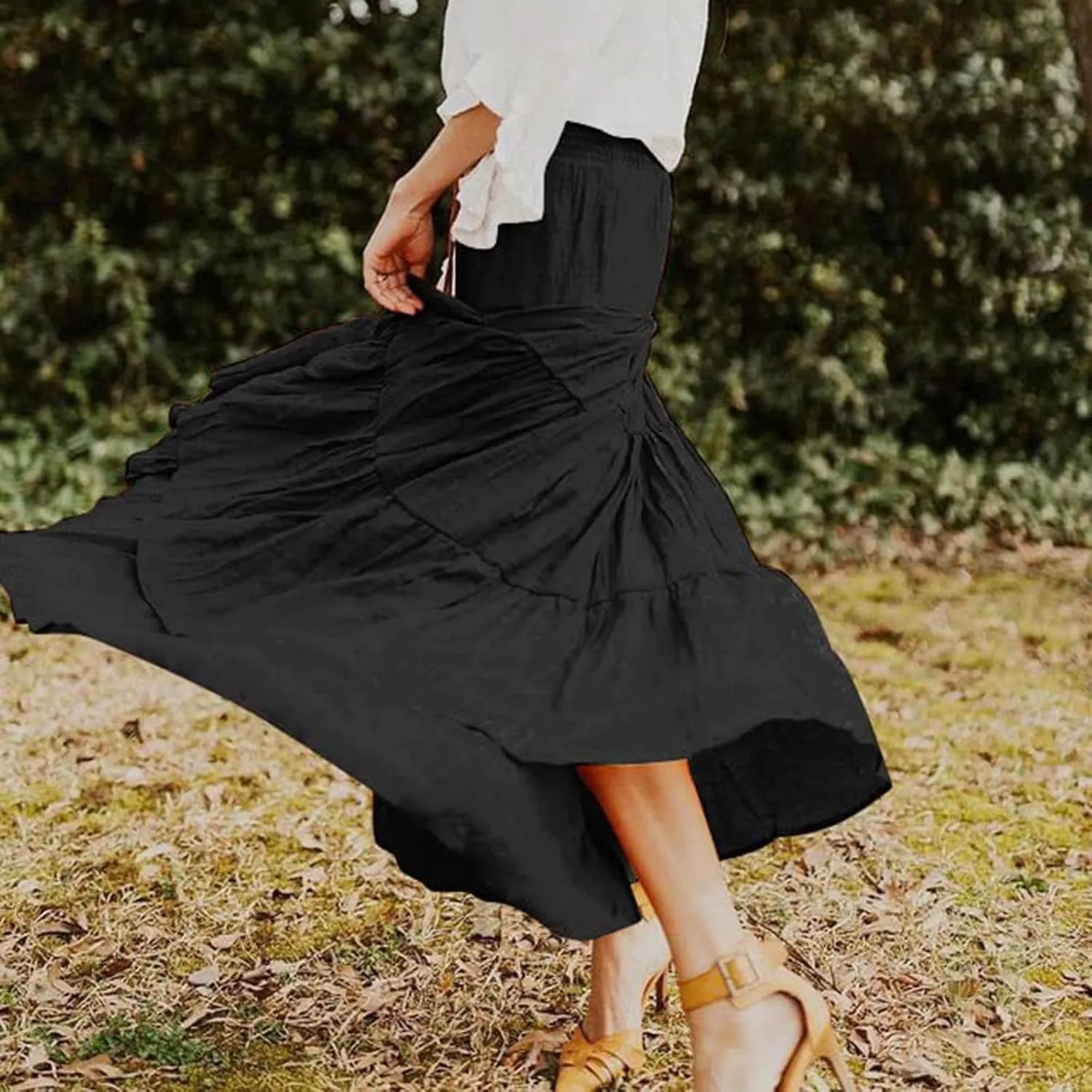 Women's Summer Boho Skirts Elastic High Waisted Pleated A Line Flowy Maxi Skirt Casual Beach Party Long Dress