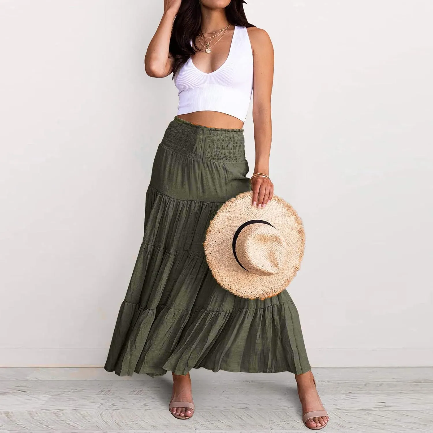 Women's Summer Boho Skirts Elastic High Waisted Pleated A Line Flowy Maxi Skirt Casual Beach Party Long Dress