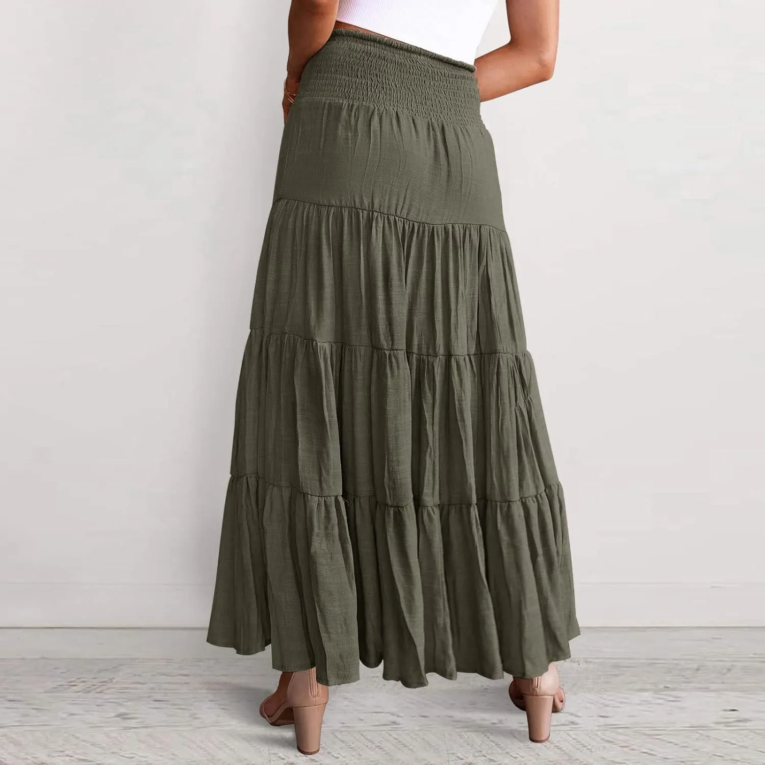 Women's Summer Boho Skirts Elastic High Waisted Pleated A Line Flowy Maxi Skirt Casual Beach Party Long Dress