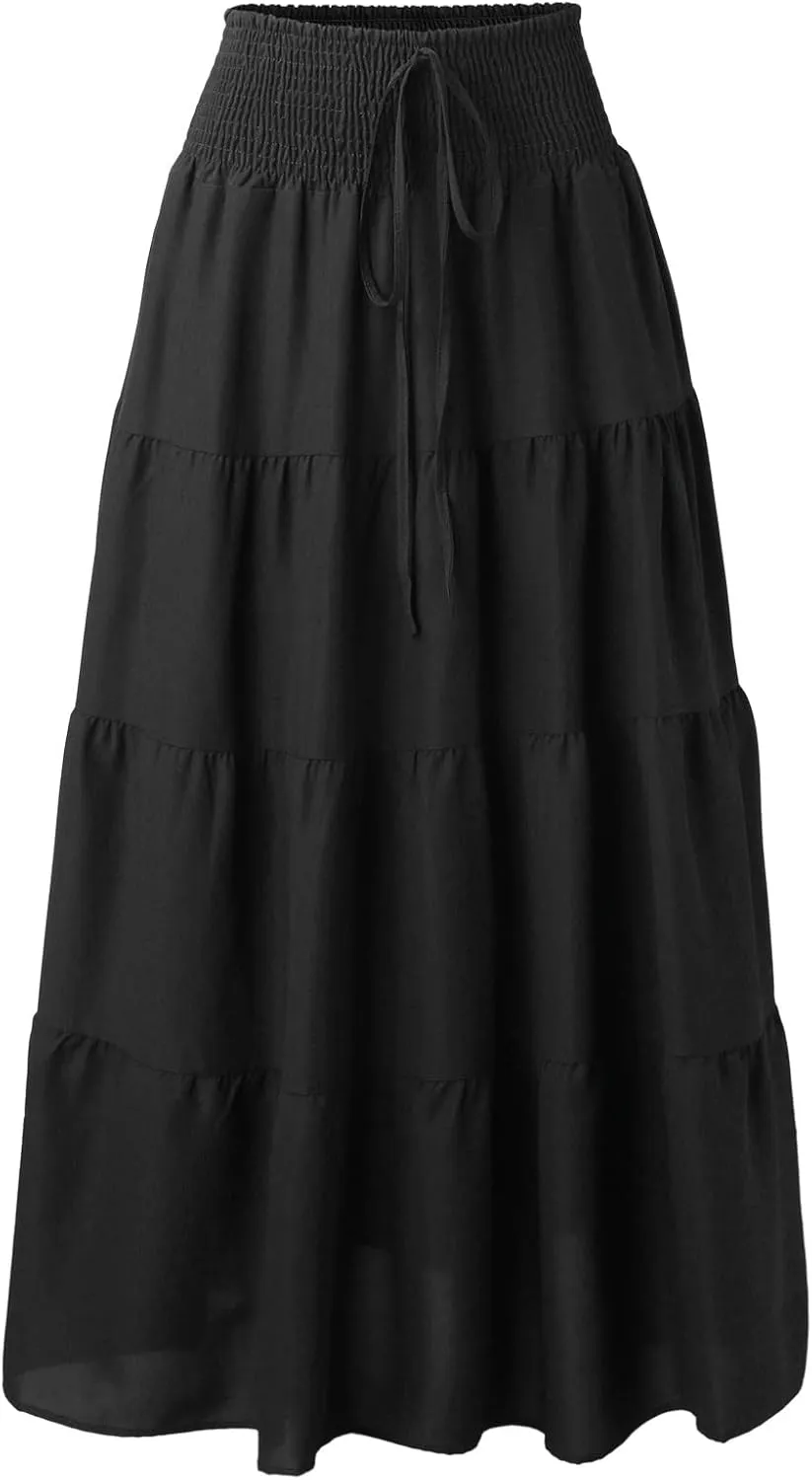 Women's Summer Boho Skirts Elastic High Waisted Pleated A Line Flowy Maxi Skirt Casual Beach Party Long Dress