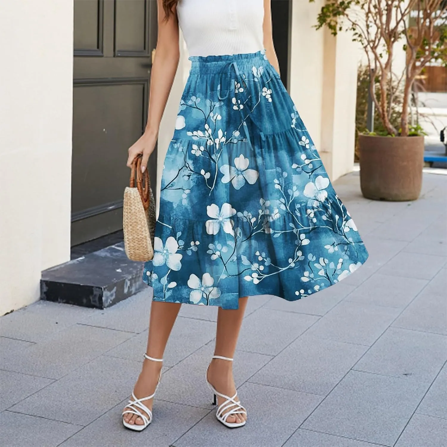 Women's Summer Skirt 2025 Ditzy Floral Print Skirt Boho Stretch High Waist Ruffle Hem Midi Skirts, S-XL