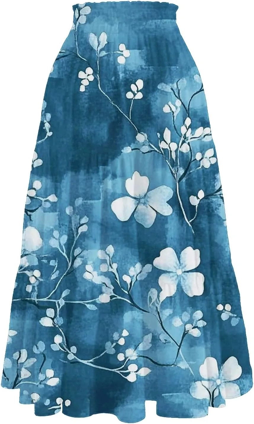 Women's Summer Skirt 2025 Ditzy Floral Print Skirt Boho Stretch High Waist Ruffle Hem Midi Skirts, S-XL