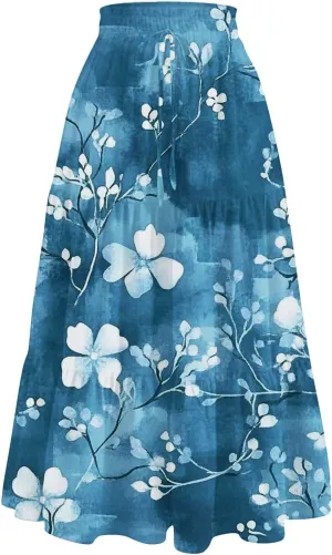 Women's Summer Skirt 2025 Ditzy Floral Print Skirt Boho Stretch High Waist Ruffle Hem Midi Skirts, S-XL