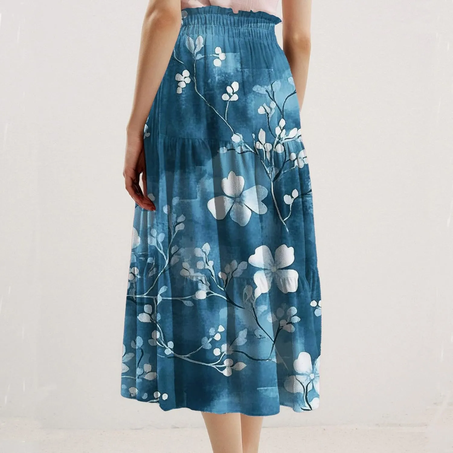 Women's Summer Skirt 2025 Ditzy Floral Print Skirt Boho Stretch High Waist Ruffle Hem Midi Skirts, S-XL
