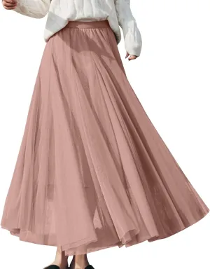 Women's Tulle Maxi Skirts Summer Party Solid Beach Elastic High Waist Pleated A-Line Flowy Swing Long Maxi Skirts