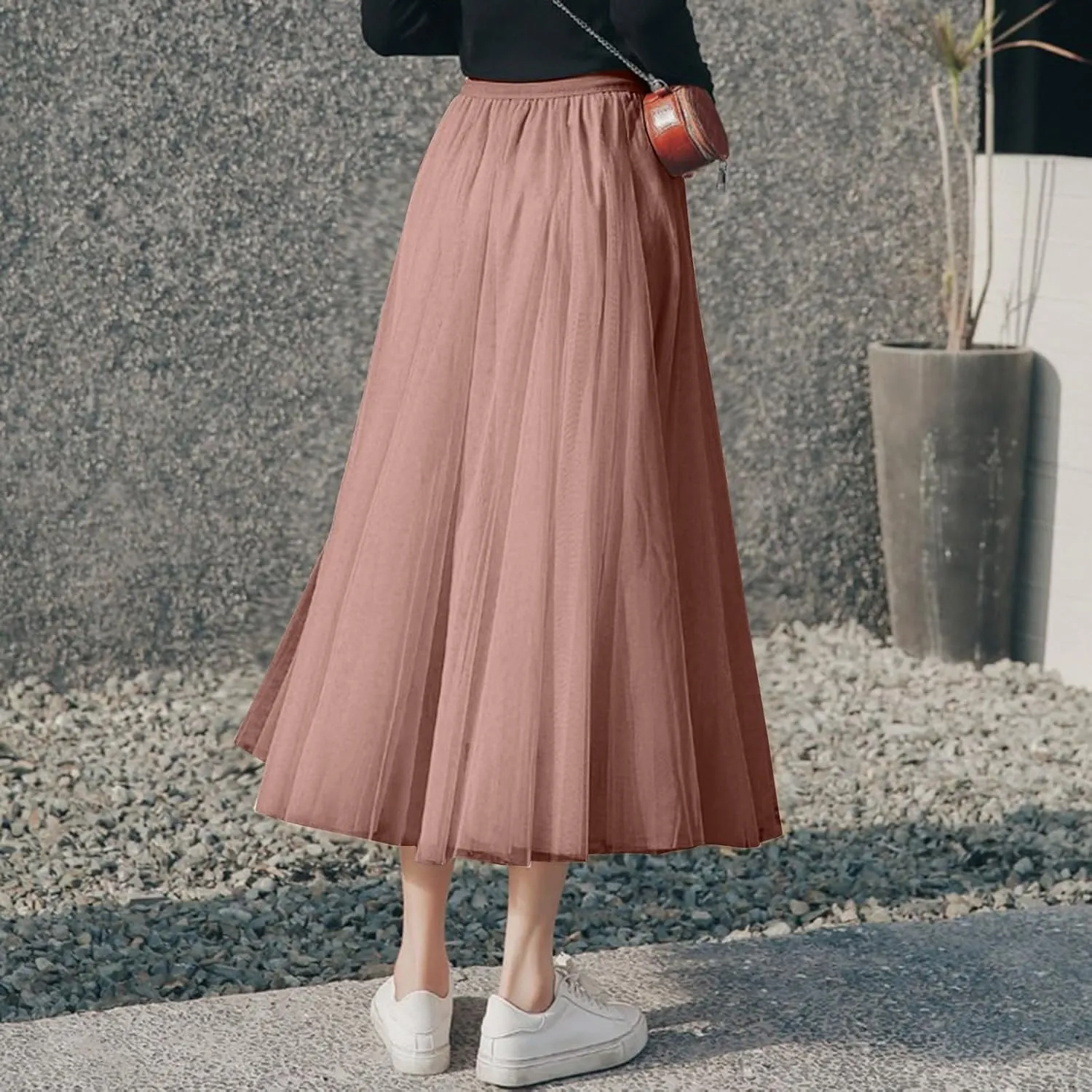 Women's Tulle Maxi Skirts Summer Party Solid Beach Elastic High Waist Pleated A-Line Flowy Swing Long Maxi Skirts