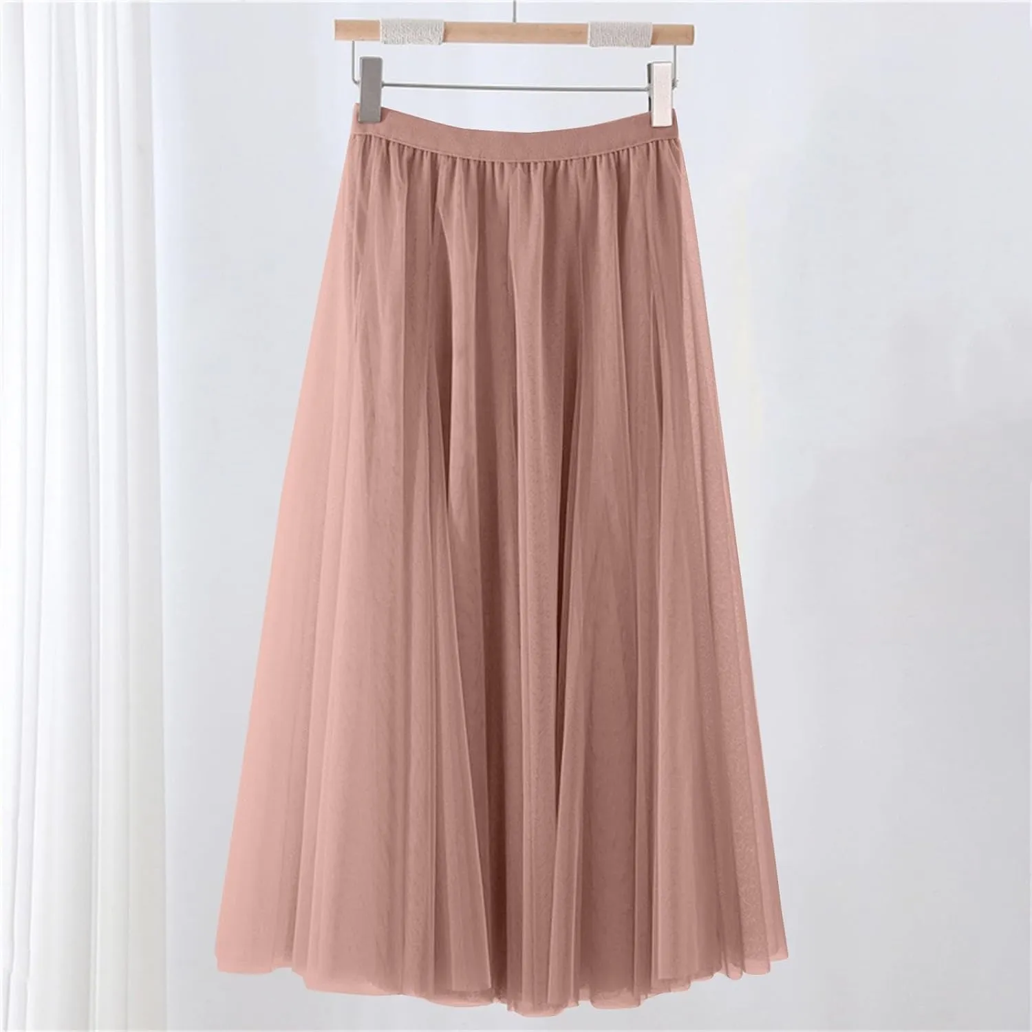 Women's Tulle Maxi Skirts Summer Party Solid Beach Elastic High Waist Pleated A-Line Flowy Swing Long Maxi Skirts