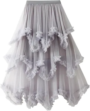 Womens Tulle Midi Skirt High Elastic Waist A-Line Mesh Elegant Long Irregular Layered Pleated Fairy Skirts for Party