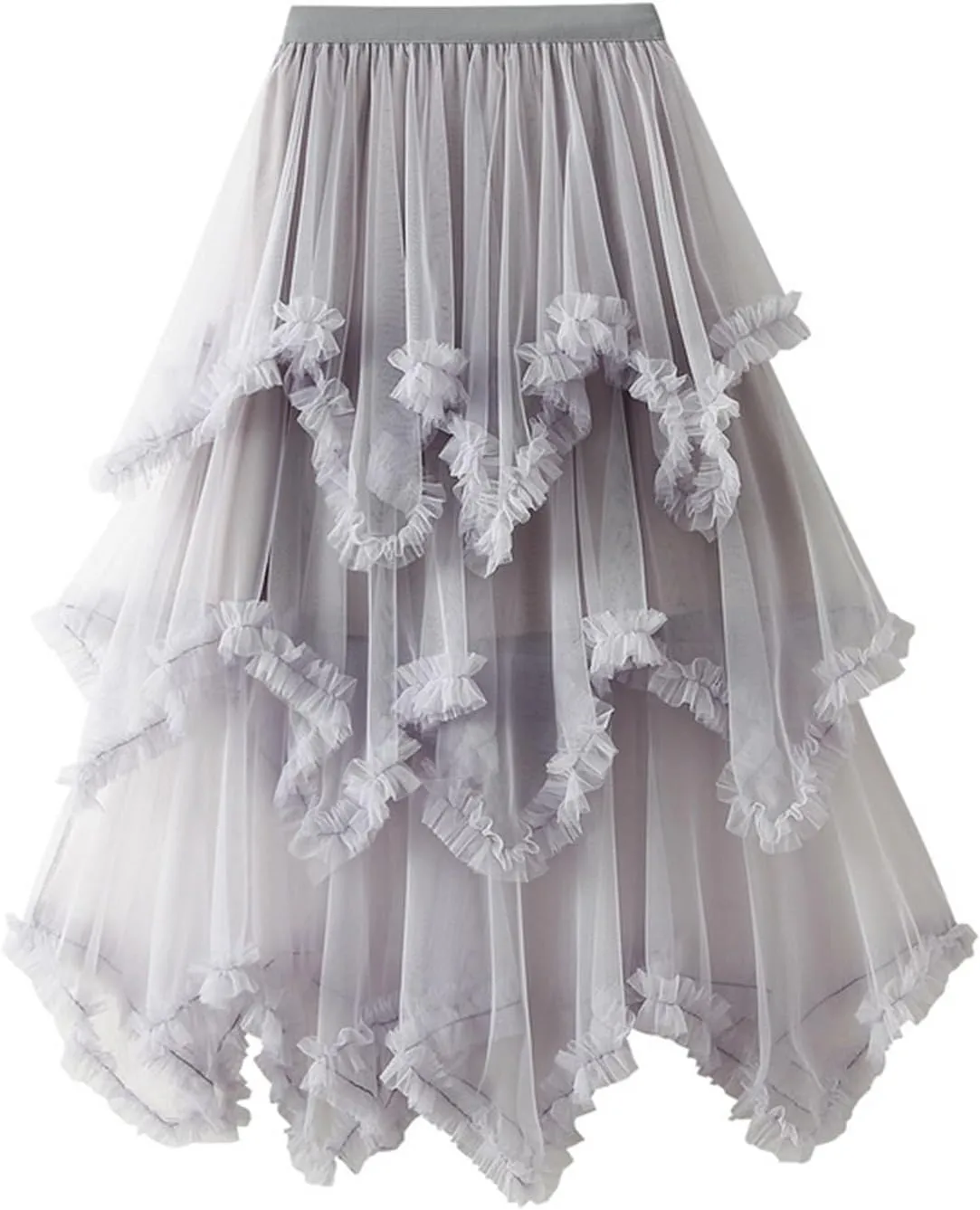 Womens Tulle Midi Skirt High Elastic Waist A-Line Mesh Elegant Long Irregular Layered Pleated Fairy Skirts for Party