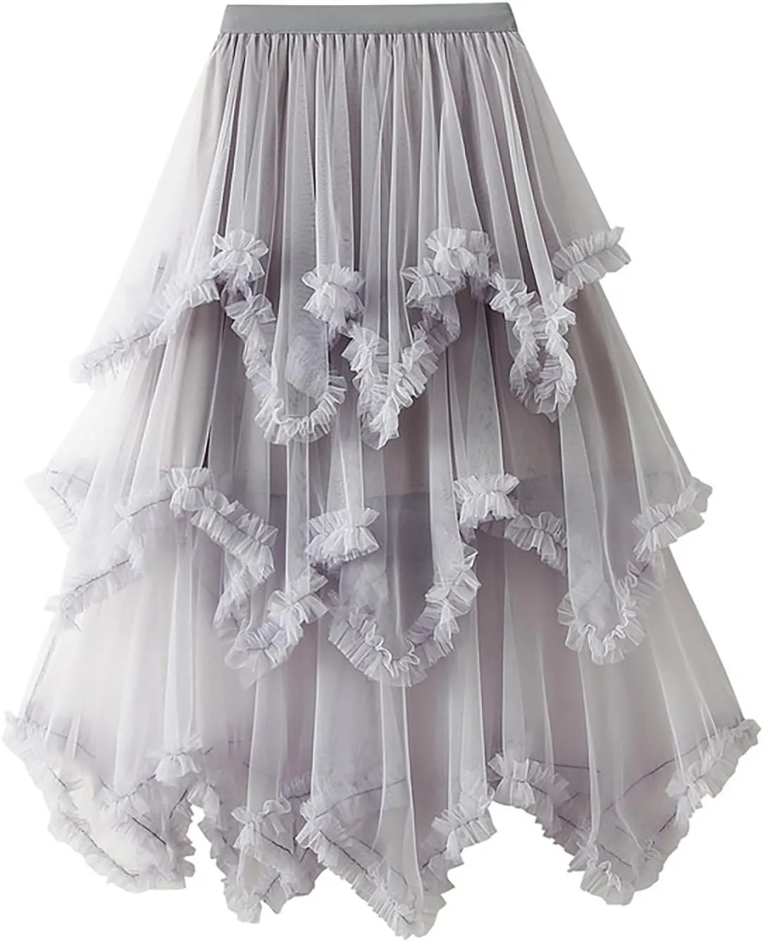 Womens Tulle Midi Skirt High Elastic Waist A-Line Mesh Elegant Long Irregular Layered Pleated Fairy Skirts for Party
