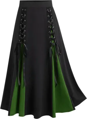 Womens Vintage Gothic Skirt Lace Up Patchwork Skirts High Waist Steampunk Medieval Pleated Color Block A-Line Dress