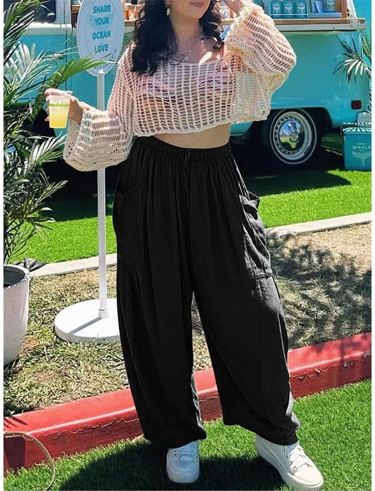 Womens Wide Leg Pants Solid Color Casual Loose Fit Flowy Elastic Harem Pants with Pockets Summer Beach Vacation