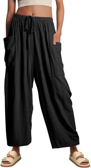 Womens Wide Leg Pants Solid Color Casual Loose Fit Flowy Elastic Harem Pants with Pockets Summer Beach Vacation
