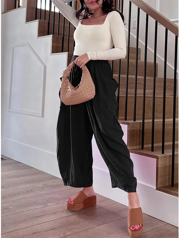 Womens Wide Leg Pants Solid Color Casual Loose Fit Flowy Elastic Harem Pants with Pockets Summer Beach Vacation