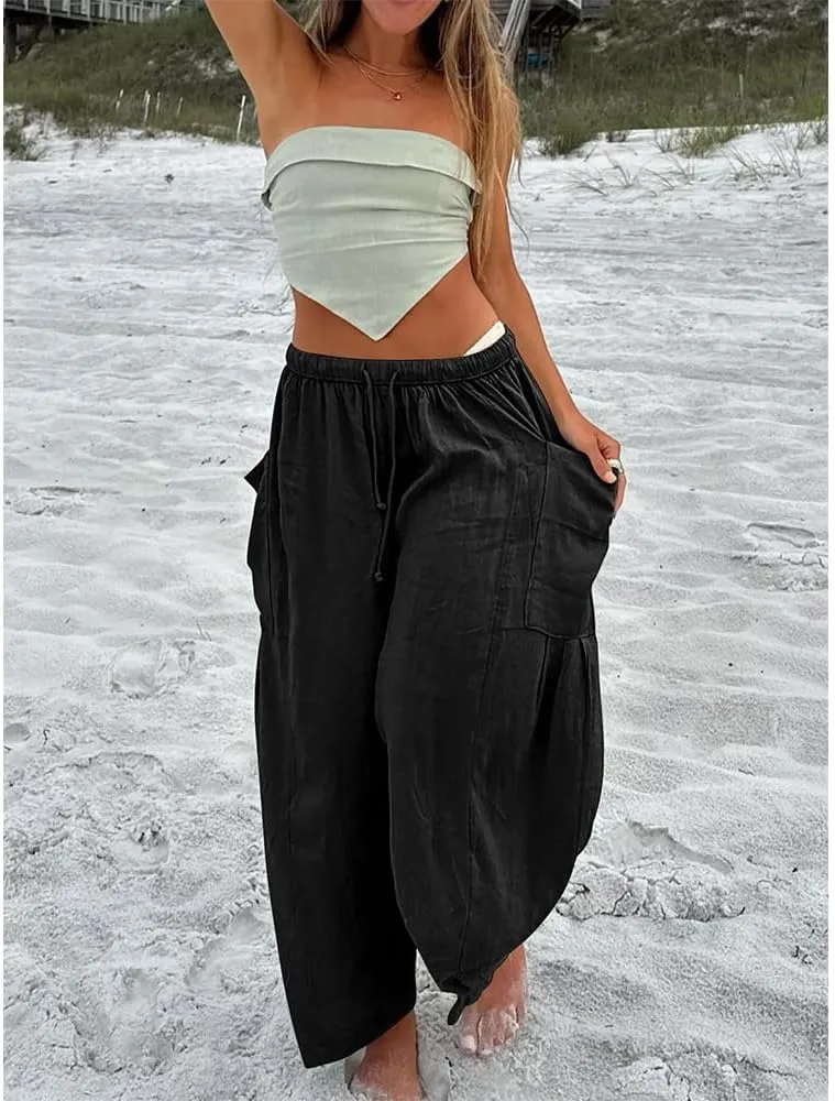 Womens Wide Leg Pants Solid Color Casual Loose Fit Flowy Elastic Harem Pants with Pockets Summer Beach Vacation