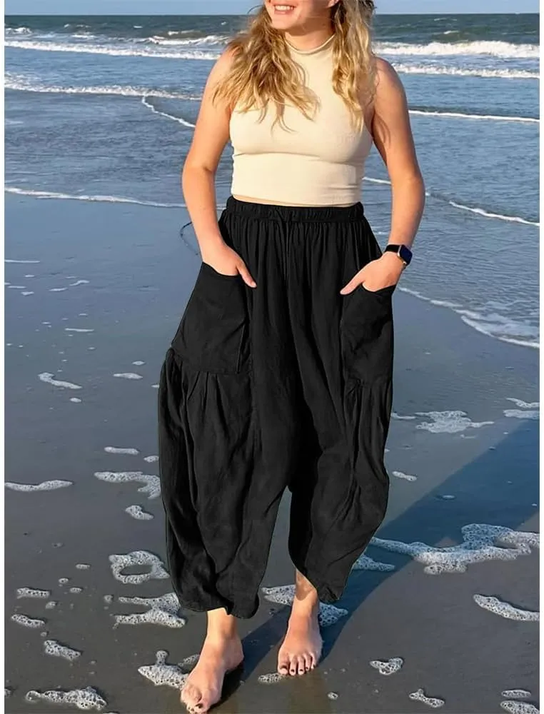 Womens Wide Leg Pants Solid Color Casual Loose Fit Flowy Elastic Harem Pants with Pockets Summer Beach Vacation