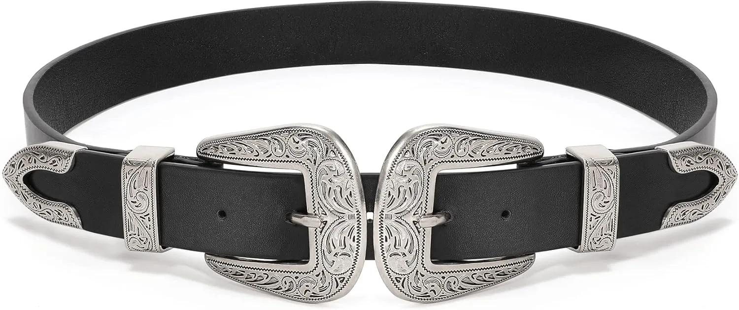 XZQTIVE Women Leather Belt Ladies Vintage Western Belt Retro Cowgirl Leather Belt Black Waist Belt for Pants Jeans Dresses