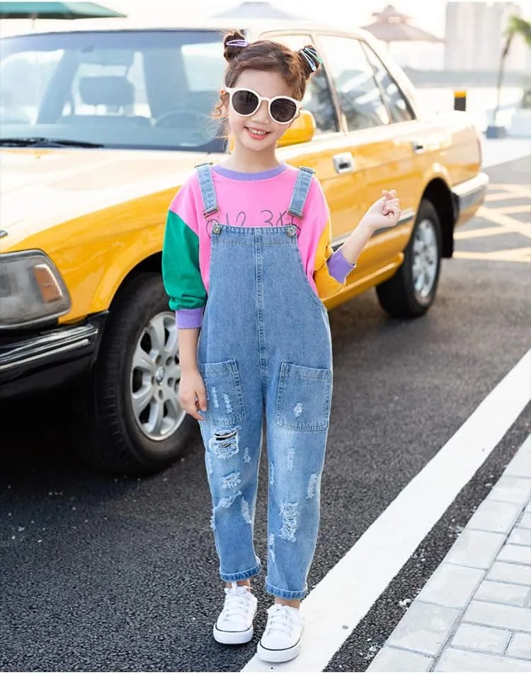 Yao 3-14Years Girls Jumpsuit&Rompers Big Kid Bib Overalls Blue Adjustable Belts Denim Color changeable Sequin Pants