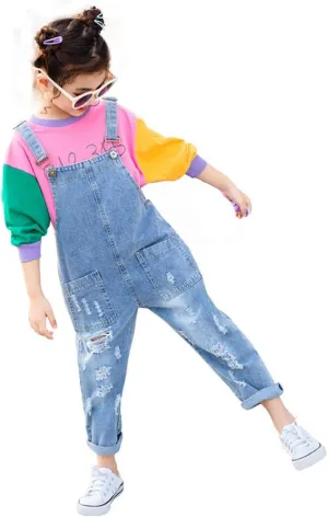 Yao 3-14Years Girls Jumpsuit&Rompers Big Kid Bib Overalls Blue Adjustable Belts Denim Color changeable Sequin Pants