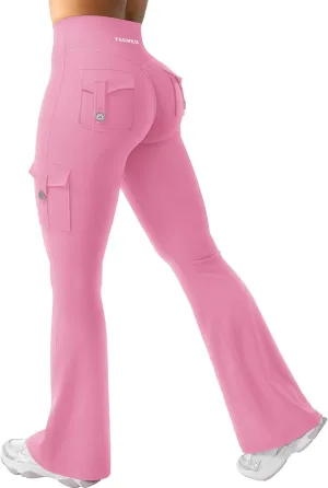 YEOREO CoreFlex Women Workout Flare Leggings with Pockets Hidden Scrunch High Waisted Cargo Gym Yoga No Front Seam Leggings