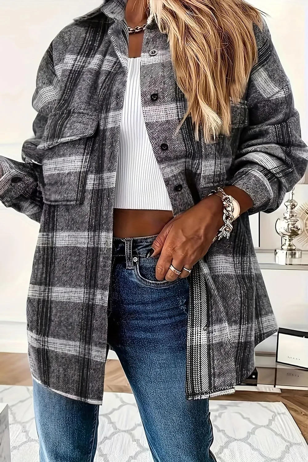 YOCUR Womens Flannel Shirts Plaid Button Down Shirt Casual Lapel Long Sleeve Outwear Warm Fall Winter Blouses