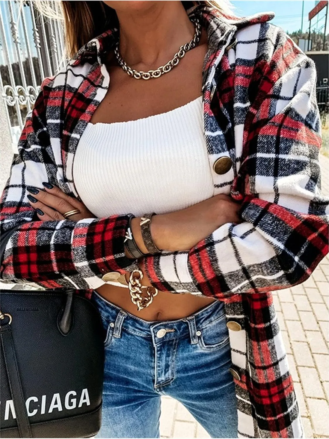 YOCUR Womens Flannel Shirts Plaid Button Down Shirt Casual Lapel Long Sleeve Outwear Warm Fall Winter Blouses